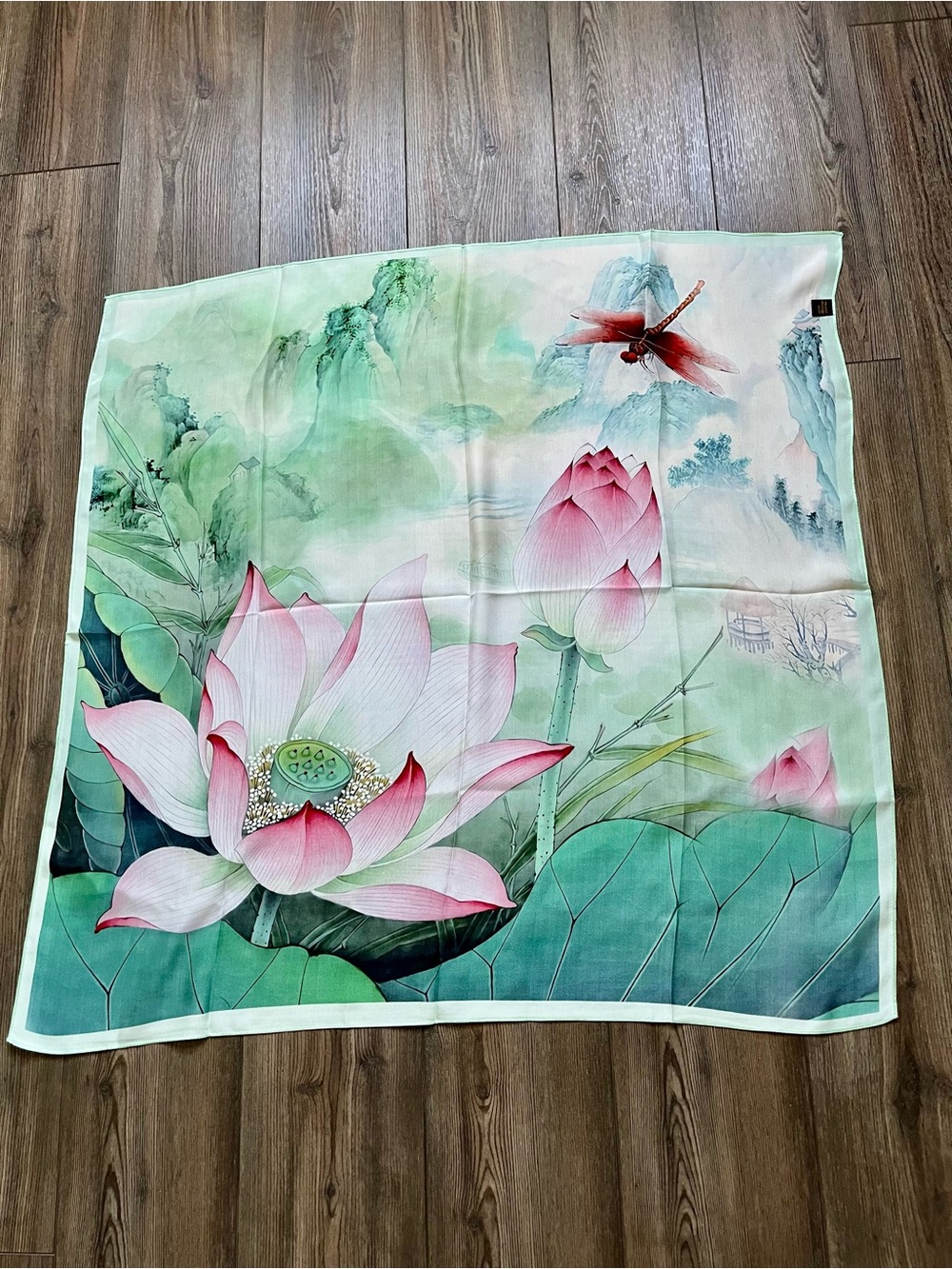 100% silk Florals  Lotus Silk Scarf with Pink & Green Watercolor Design - Picture 7 of 10